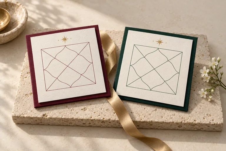 Paired ivory kundali folios in burgundy and forest green, joined by a gold ribbon on travertine