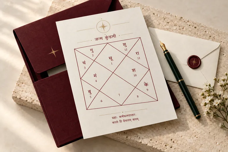 An illustrative Janam Kundali with twelve North Indian chart houses and Devanagari planetary labels on ivory paper, beside a burgundy folder and green fountain pen