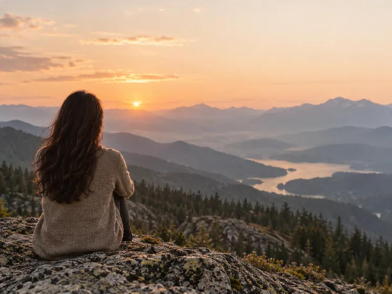 A quiet moment overlooking mountains at sunset